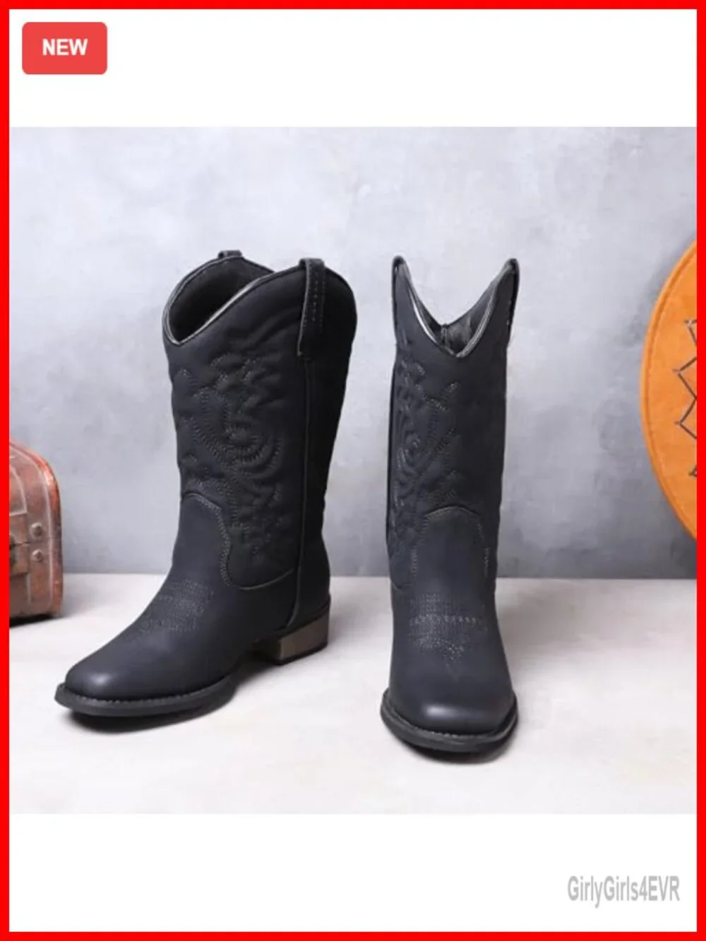 Cowgirl Western Boots Square Toe Wide Calf Low Heel Mid Calf Booties Faux